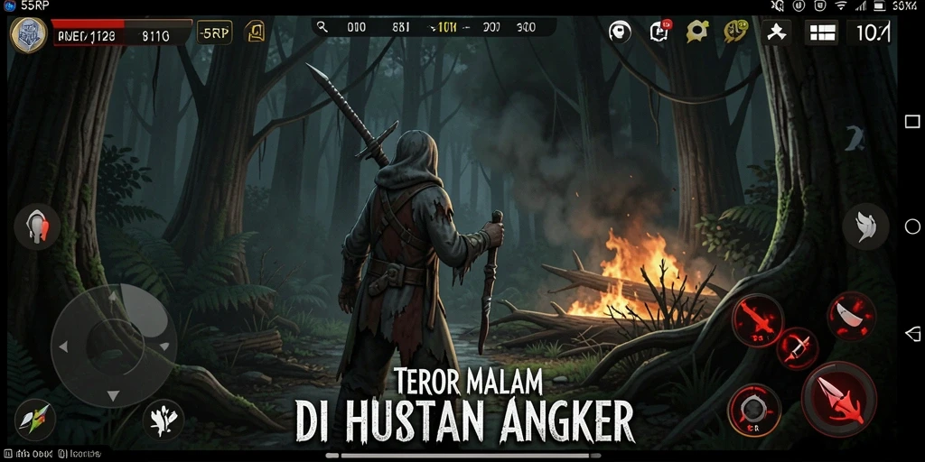 Tangkapan layar dari gameplay menakutkan 55RP di hutan angker.