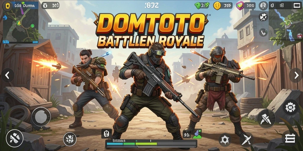 Screenshot utama DOMTOTO dengan aksi gameplay Battle Royale yang mendebarkan.