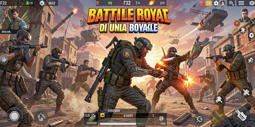 Screenshot gameplay F32 yang menunjukkan pertarungan intens Battle Royale.