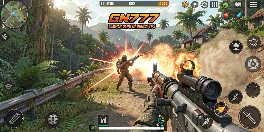 Tangkapan layar gameplay seru dari GN777 di battlefield TPS.