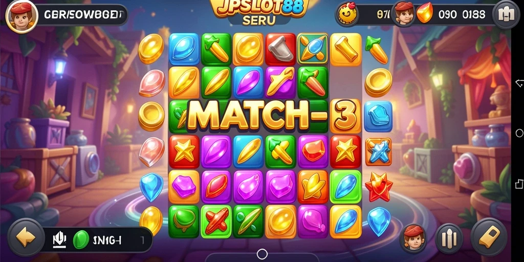 Screenshot utama JPSLOT88 menampilkan aksi seru dalam permainan Match-3.