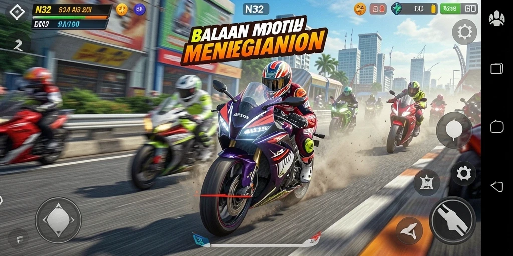 Screenshot N32 menampilkan balapan motor yang intens dan menegangkan.