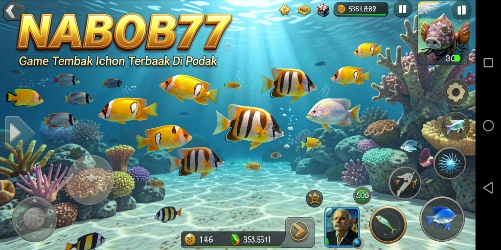 Tangkapan layar gameplay NABOB77 dengan aksi menembak ikan yang intens.