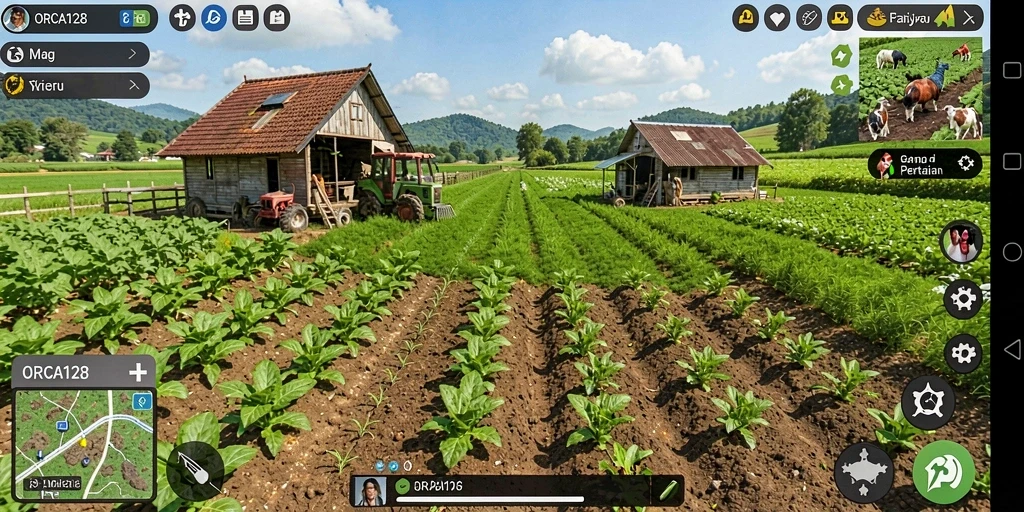 Screenshot utama ORCA128 menampilkan petani sedang merawat tanaman di ladang.