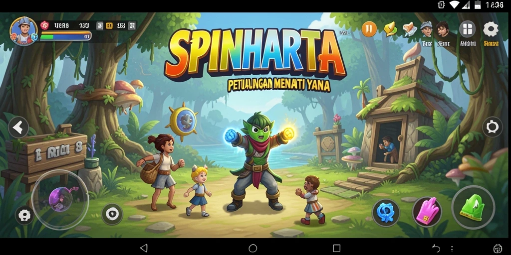 Tampilan gameplay SPINHARTA yang menarik dengan suasana petualangan.
